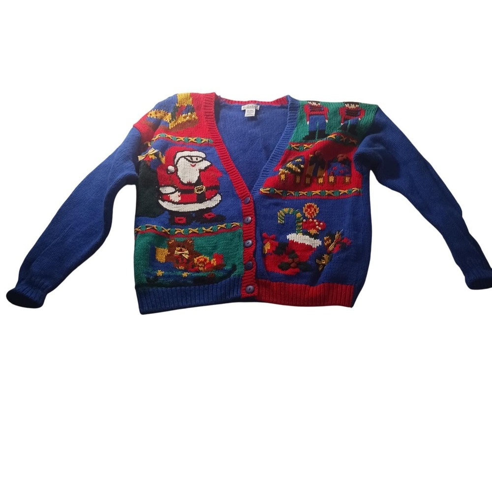 Gallagher 3322 Womens L‎ Blue Vintage Ugly Christmas Sweater Cardigan Santa READ